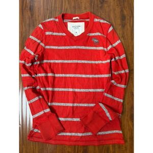 Abercrombie & Fitch Shirt Mens SZ M Red Striped Long Sleeve Moose Logo Muscle